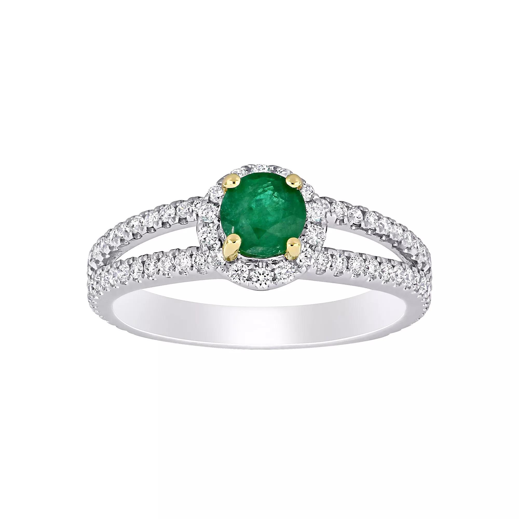 Stella Grace Two-Tone 14k Gold Emerald & 1/2 Carat T.W. Diamond Halo Split Shank Engagement Ring, Women's,  Product Image