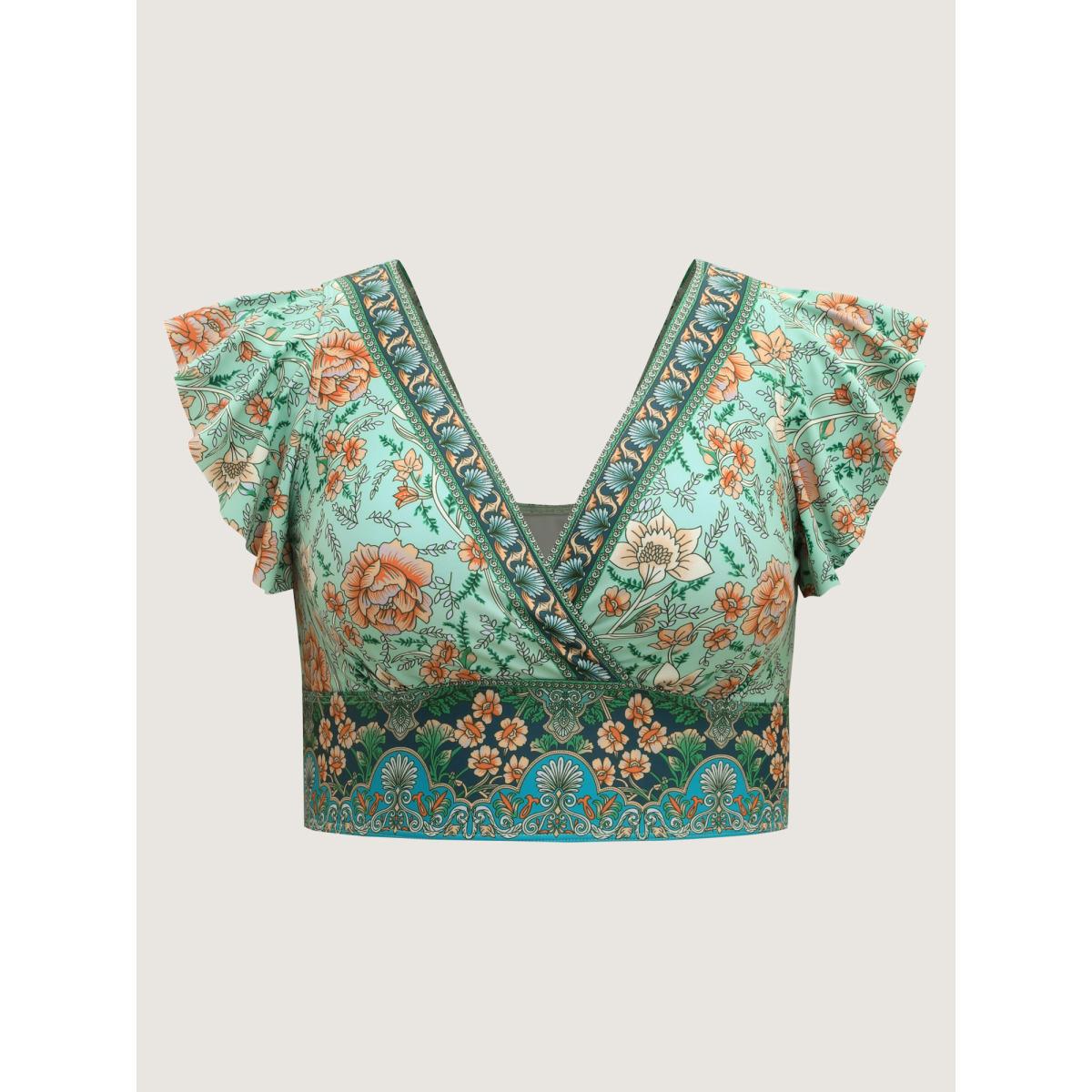 Plus Size Breezy Floral Print Ruffled Swim Top Women's Swimwear Mint Resort Ruffles High stretch Skinny Overlap Collar Curve Swim Tops BloomChic 28/5X Product Image