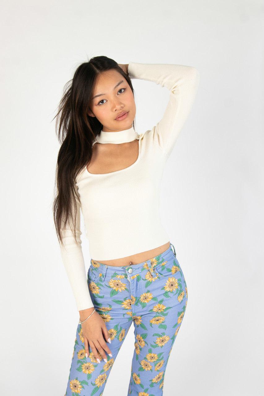 Egret Ribbed Mock Neck Cut Out Sweater Product Image