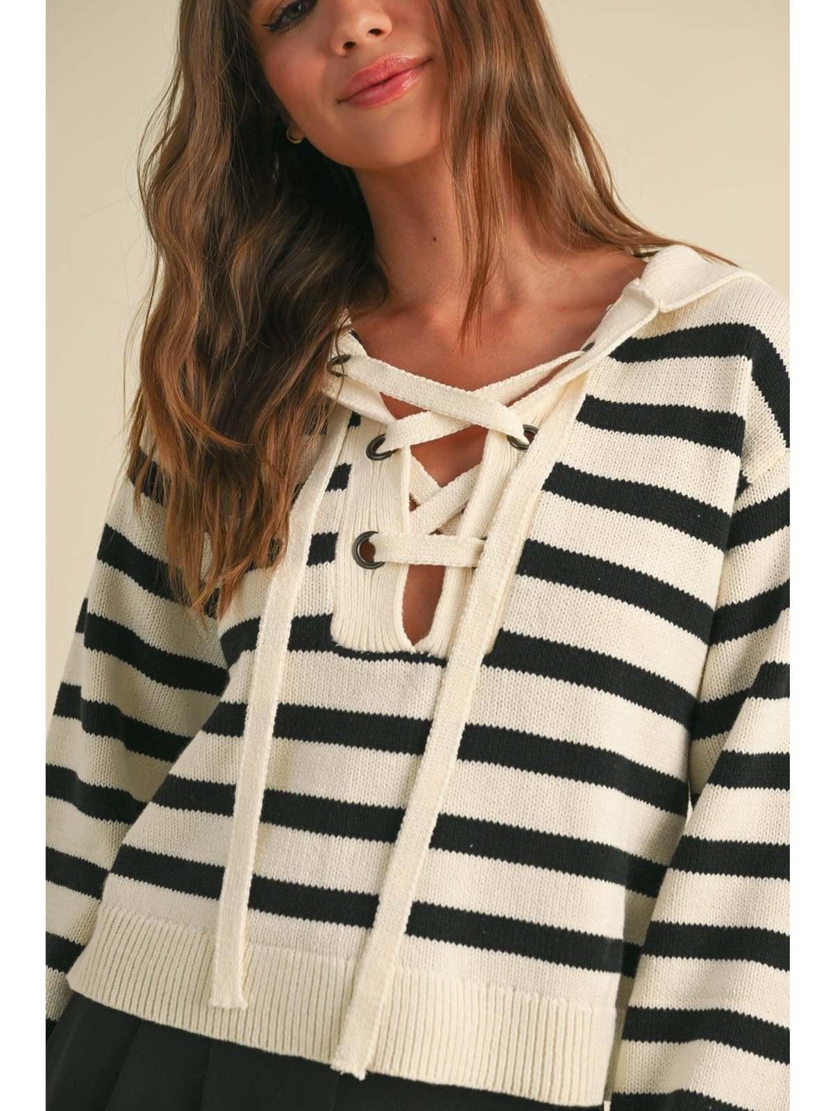 Stripe Lace up Sailor Collar Sweater Product Image