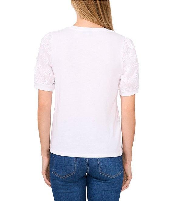 CeCe Mixed Media Crew Neck Embroidered Short Puff Sleeve Tee Product Image