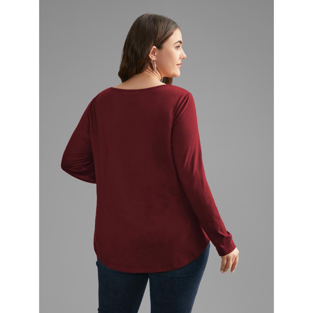 Plus Size Plain Lace Patchwork Crisscross T-shirt Burgundy Women Casual Patchwork U-neck Everyday T-shirts BloomChic 28/5X Product Image