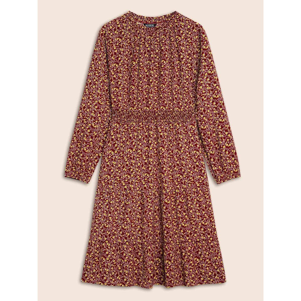 Plus Size Ditsy Floral Shirred Frill Trim Dress Burgundy Women Elegant Frill Trim Mock Neck Long Sleeve Curvy BloomChic 26/4X Product Image