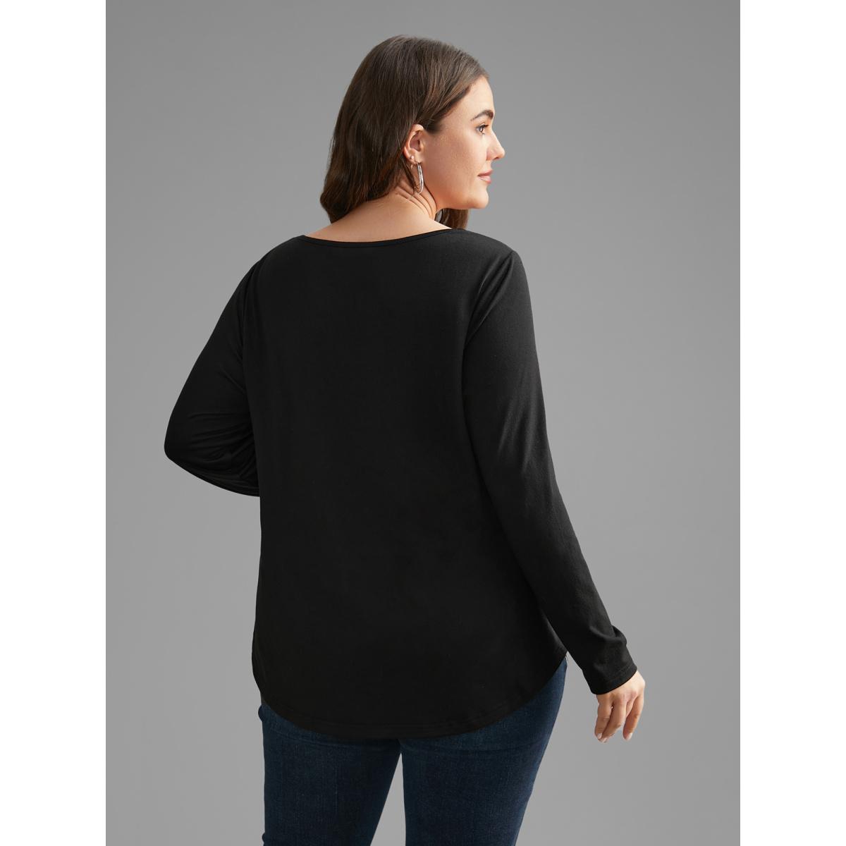 Plus Size Plain Lace Patchwork Crisscross T-shirt Black Women Casual Patchwork U-neck Everyday T-shirts BloomChic 18-20/2X Product Image