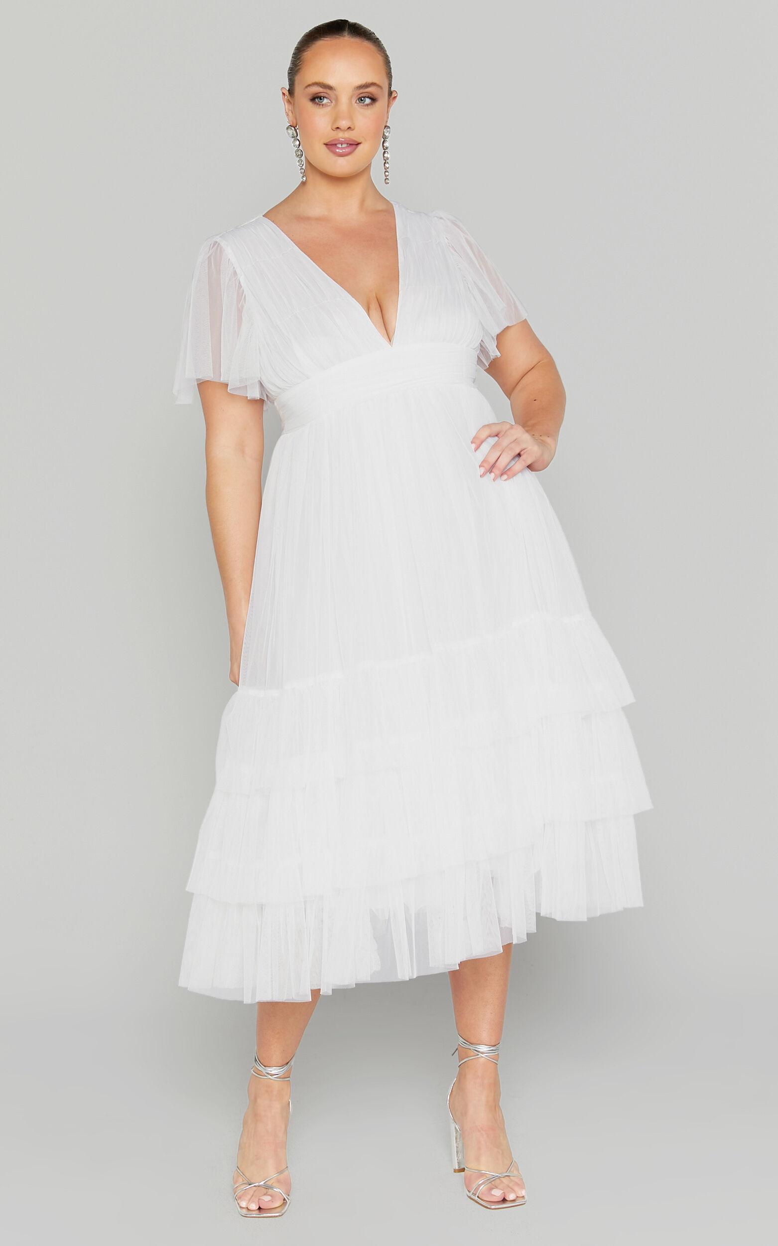 Jiraye Midi Dress - Flutter Sleeve Tuelle Plunge Dress in White Product Image
