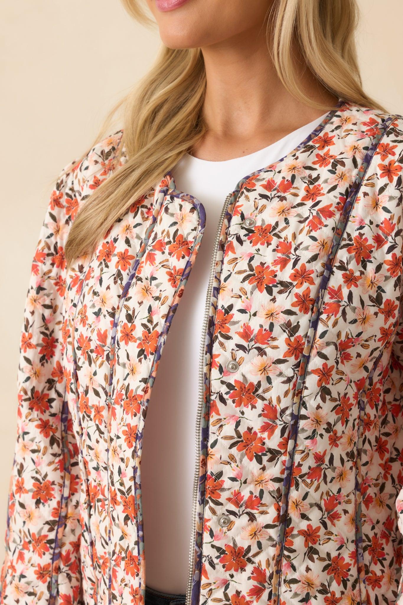 Thought You'd Ask Orange Multi Floral Print Quilted Cotton Jacket L / Orange Product Image