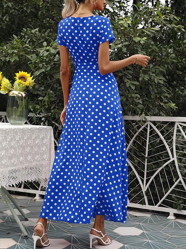 A-Line High Waisted Polka-Dot Tied Waist V-Neck Maxi Dresses Product Image