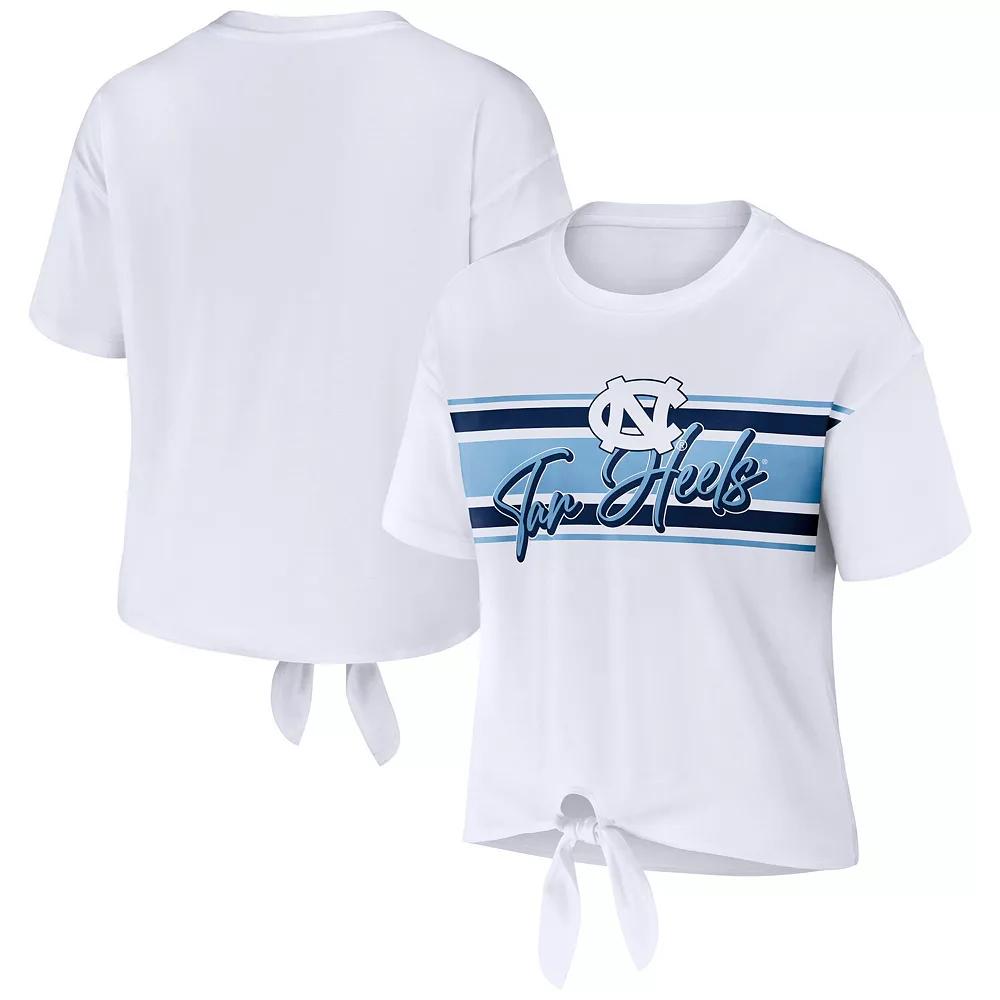 Women's WEAR by Erin Andrews White North Carolina Tar Heels Striped Front Knot Cropped T-Shirt, Size: XL Product Image