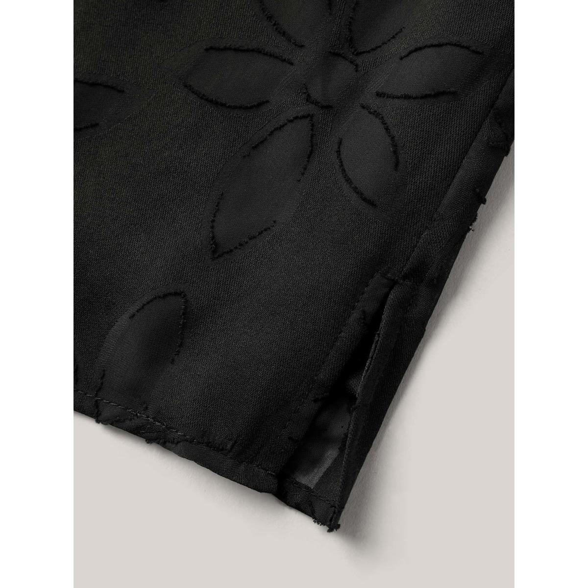 Plus Size Black Floral Cut Print Notched Neck Blouse Women Short sleeve Notched collar Work Blouses BloomChic 14-16/1X Product Image