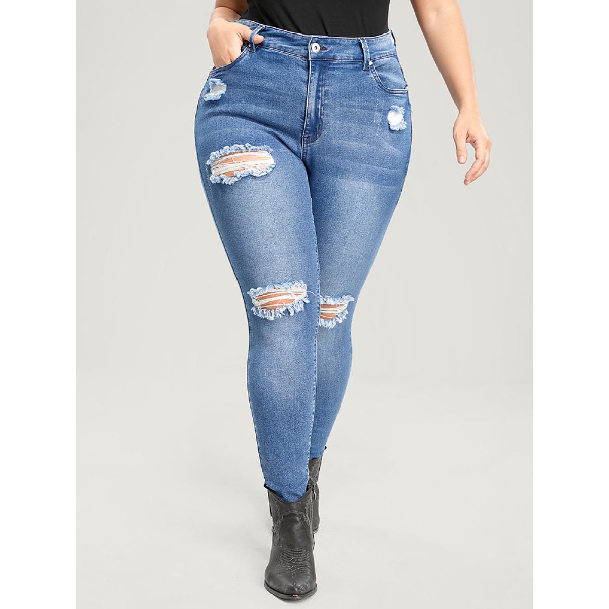 Plus Size Skinny Very Stretchy High Rise Asymmetrical Distressed Jeans Women Blue Casual Plain High stretch Pocket Jeans BloomChic 20/2X Product Image