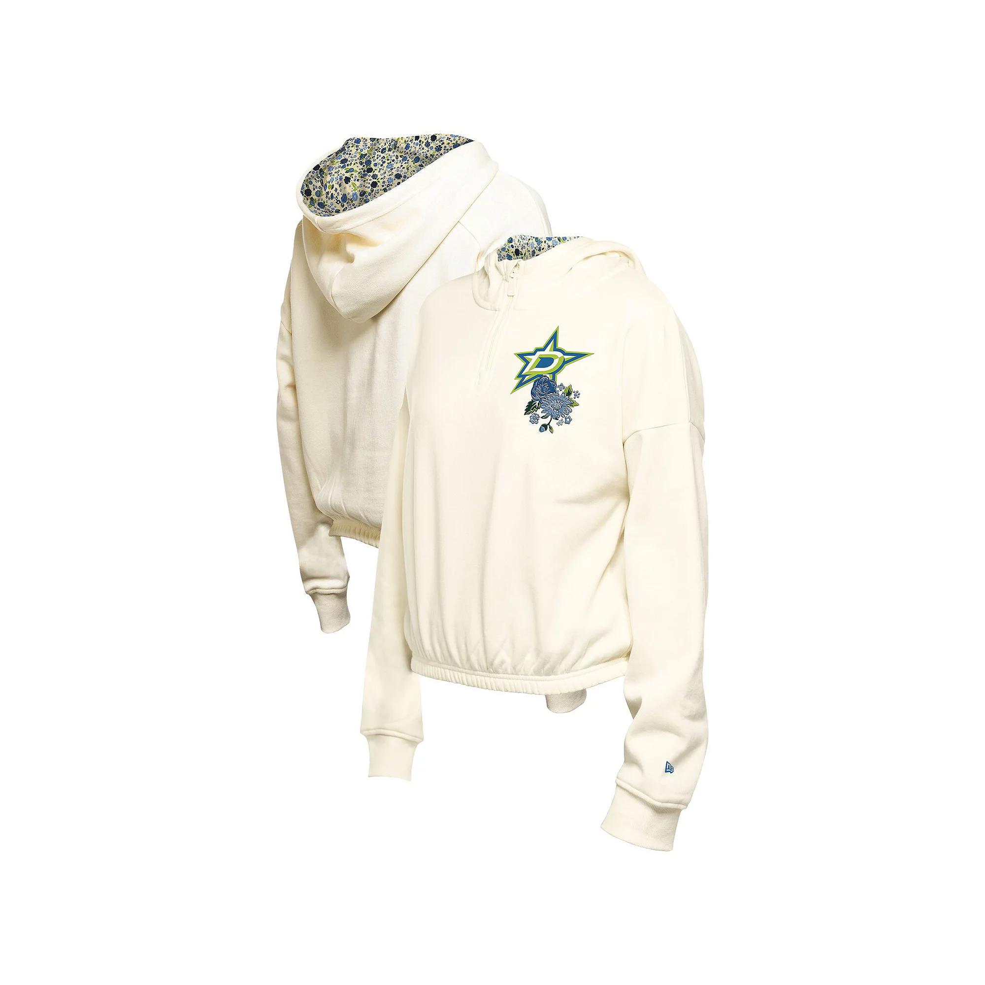Women's New Era Cream Dallas Stars Glam Game Quarter-Zip Cropped Floral Hoodie Pullover,  Product Image