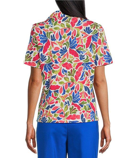 Investments Petite Size Knit Folk Art Floral Short Sleeve Button Front Notch Collar Camp Top Product Image