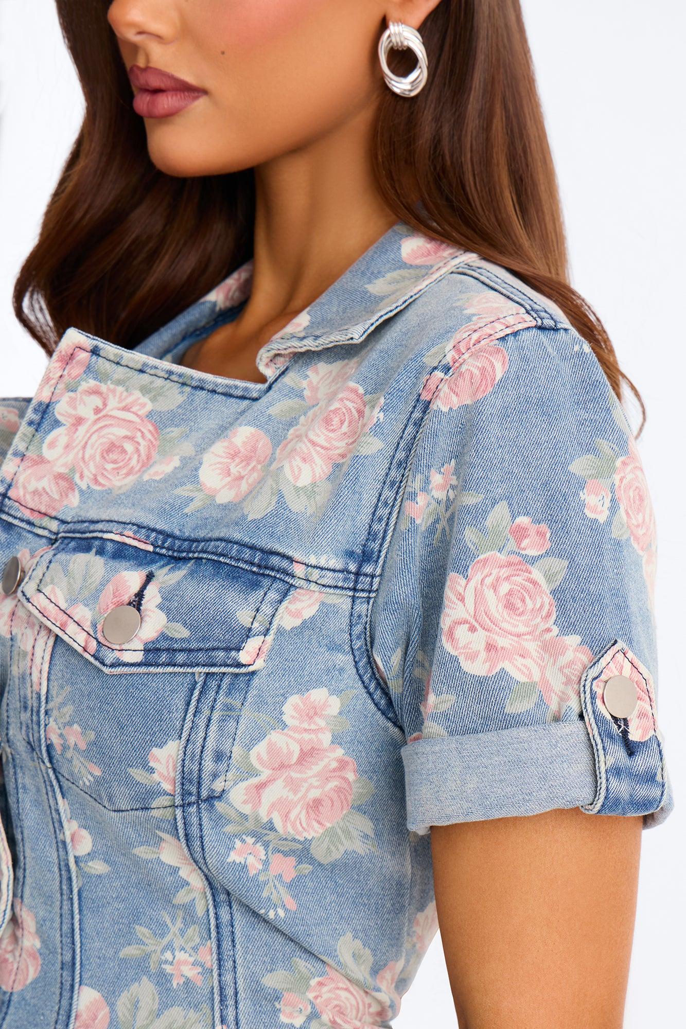 Raven Stretch Floral Denim Mini Dress - Vintage Wash Female Product Image