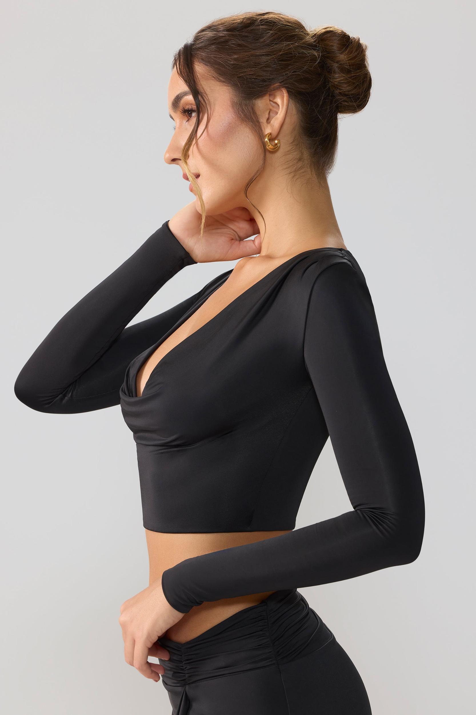 Slinky Jersey Plunge Neck Long Sleeve Crop Top Top in Black Product Image