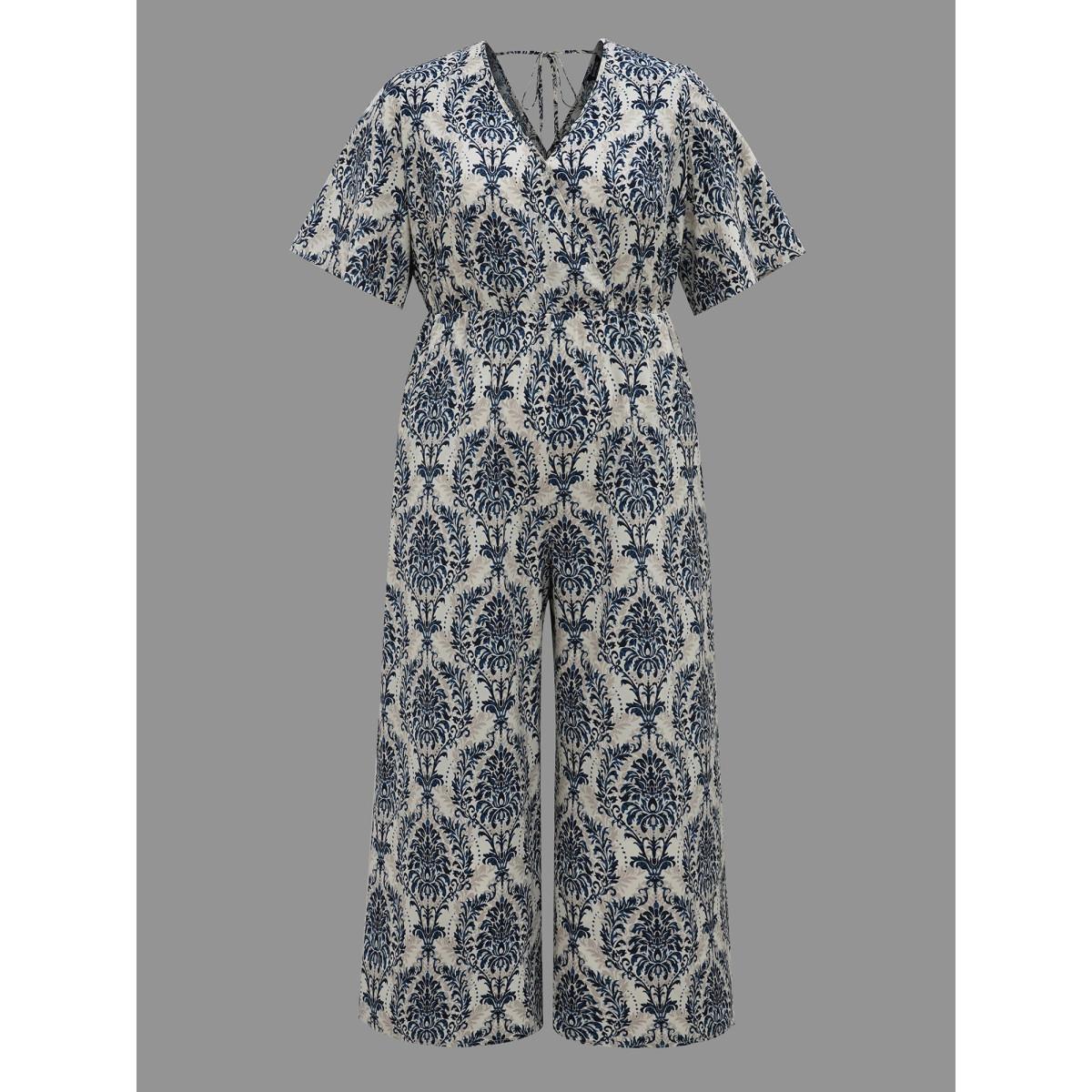 Plus Size Mediumblue Surplice Neck Ornate Print Ties Straight-Leg Jumpsuit Women Boho Half Sleeve Overlap Collar Vacation Loose Jumpsuits BloomChic 10/M Product Image