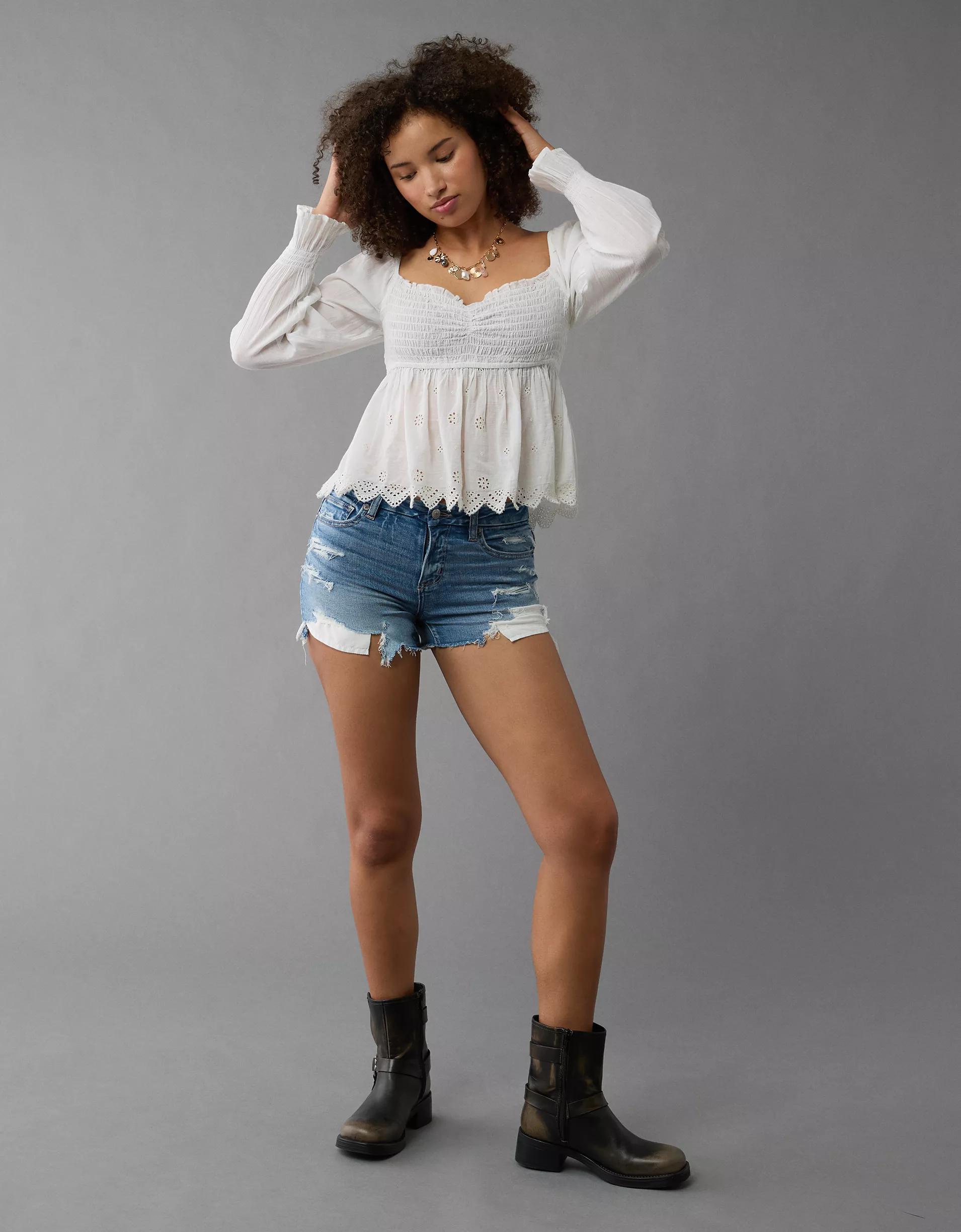 AE Next Level Curvy Ripped High-Waisted Denim Short Short Product Image