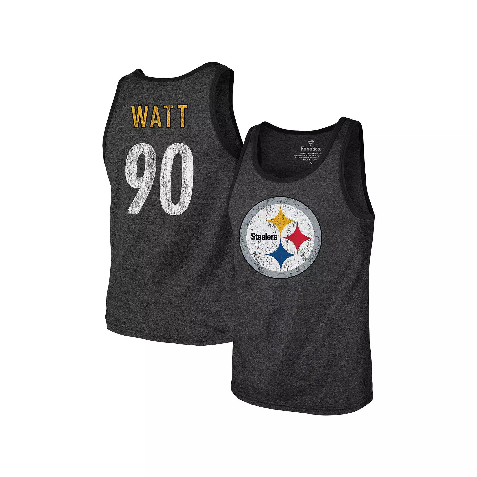 Men's Majestic Threads T.J. Watt Heathered Black Pittsburgh Steelers Name & Number Tri-Blend Tank Top, Size: Medium, Charco Product Image