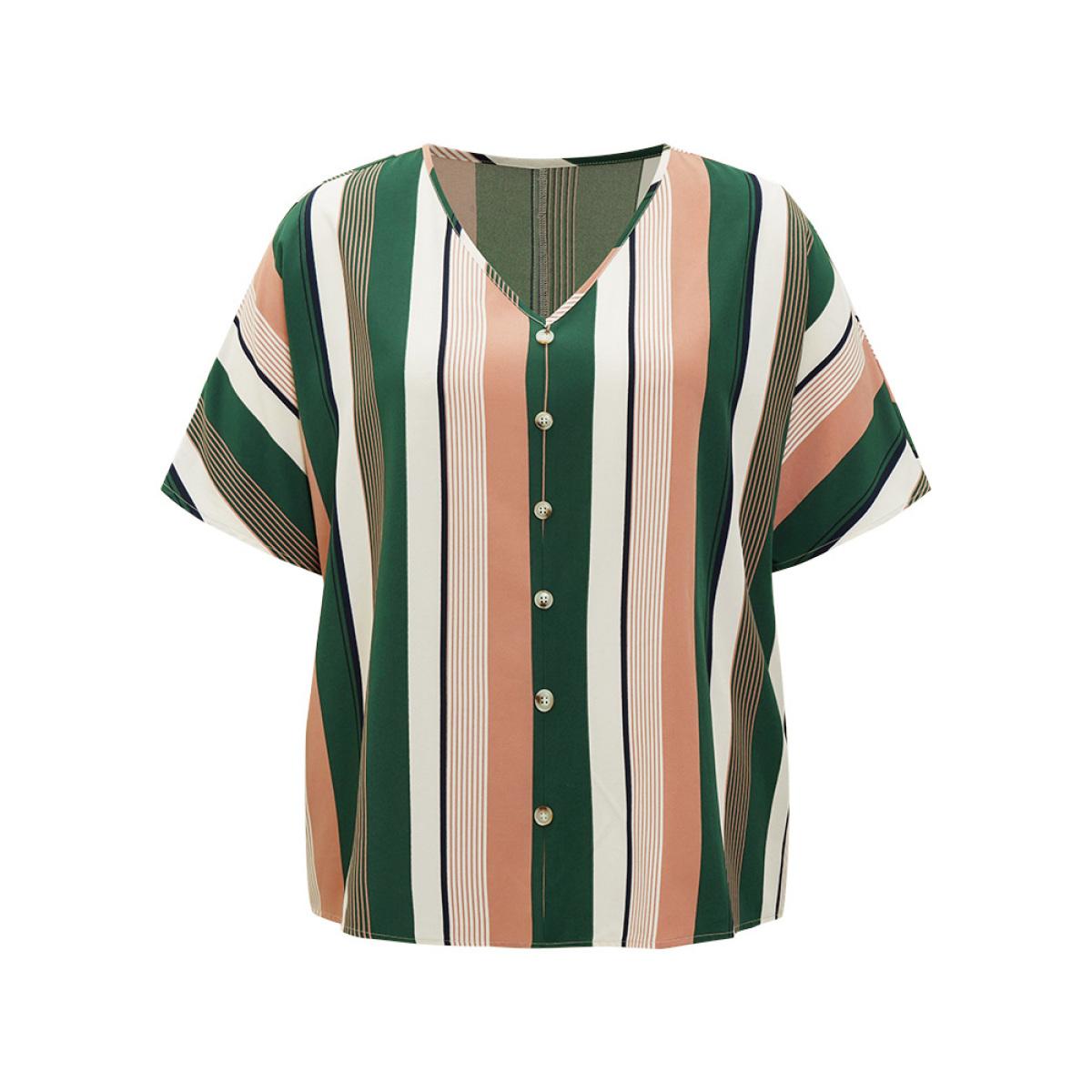 Plus Size Multicolor Striped Print Button Detail Batwing Sleeve Blouse Women Vacation Half Sleeve V-neck Dailywear Blouses BloomChic 10/M Product Image