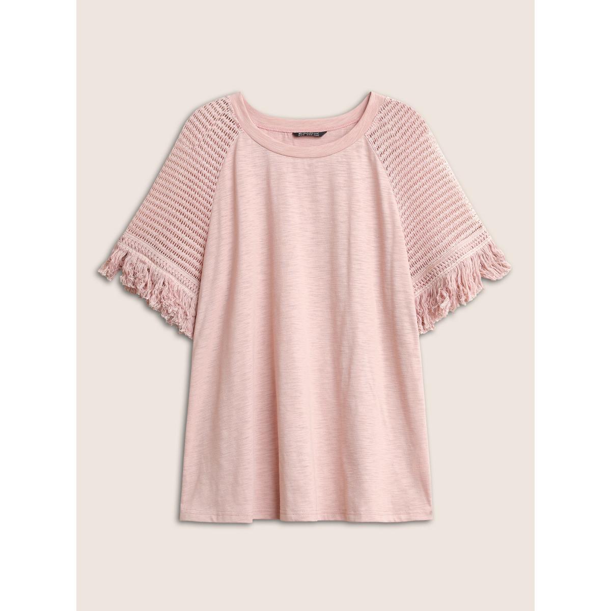 Plus Size Solid Cut Out Raglan Sleeve Fuzzy Trim T-shirt Pink Women Elegant Non Plain Round Neck Everyday T-shirts BloomChic 10/M Product Image