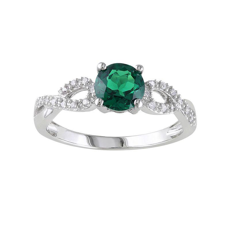 Stella Grace Lab-Created Emerald and 1/10 Carat T.W. Diamond Engagement Ring in 10k White Gold, Women's, Size: 9 Product Image