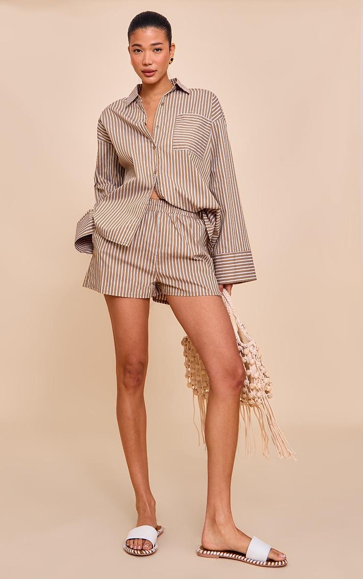 Olive Woven Pinstripe Balloon Sleeve Oversized Shirt Product Image