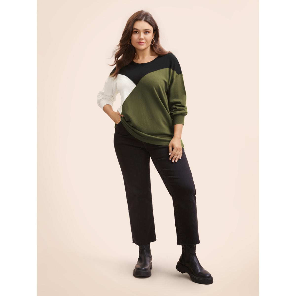 Plus Size Supersoft Essentials Colorblock Contrast Pullover ArmyGreen Women Leisure Long Sleeve Round Neck Casual Pullovers BloomChic 26/4X Product Image