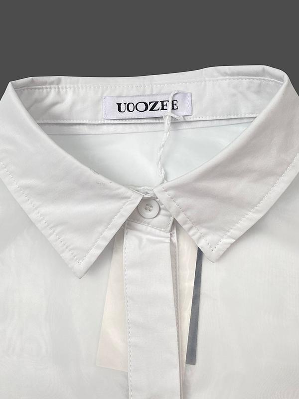 Short Sleeves See-Through Solid Color Split-Joint Lapel Blouses&Shirts Tops Product Image