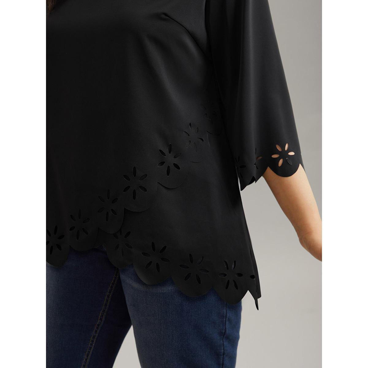 Plus Size Black Plain Laser Cut Crew Neck Scalloped Trim Blouse Women Elegant Elbow-length sleeve Round Neck Party Blouses BloomChic 30/6X Product Image