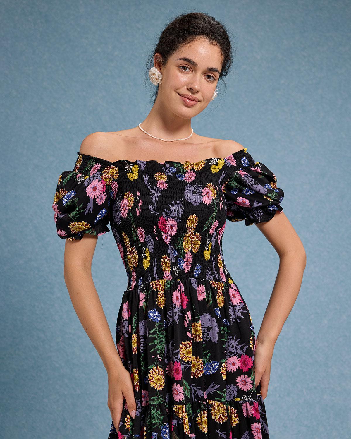 Black Floral Square Neck Shirred Maxi Dress Product Image