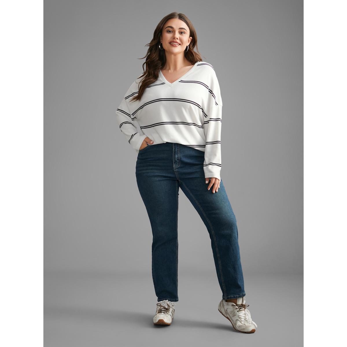 Plus Size V Neck Contrast Striped Drop Shoulder T-shirt Originalwhite Women Casual Contrast V-neck Everyday T-shirts BloomChic 12/L Product Image