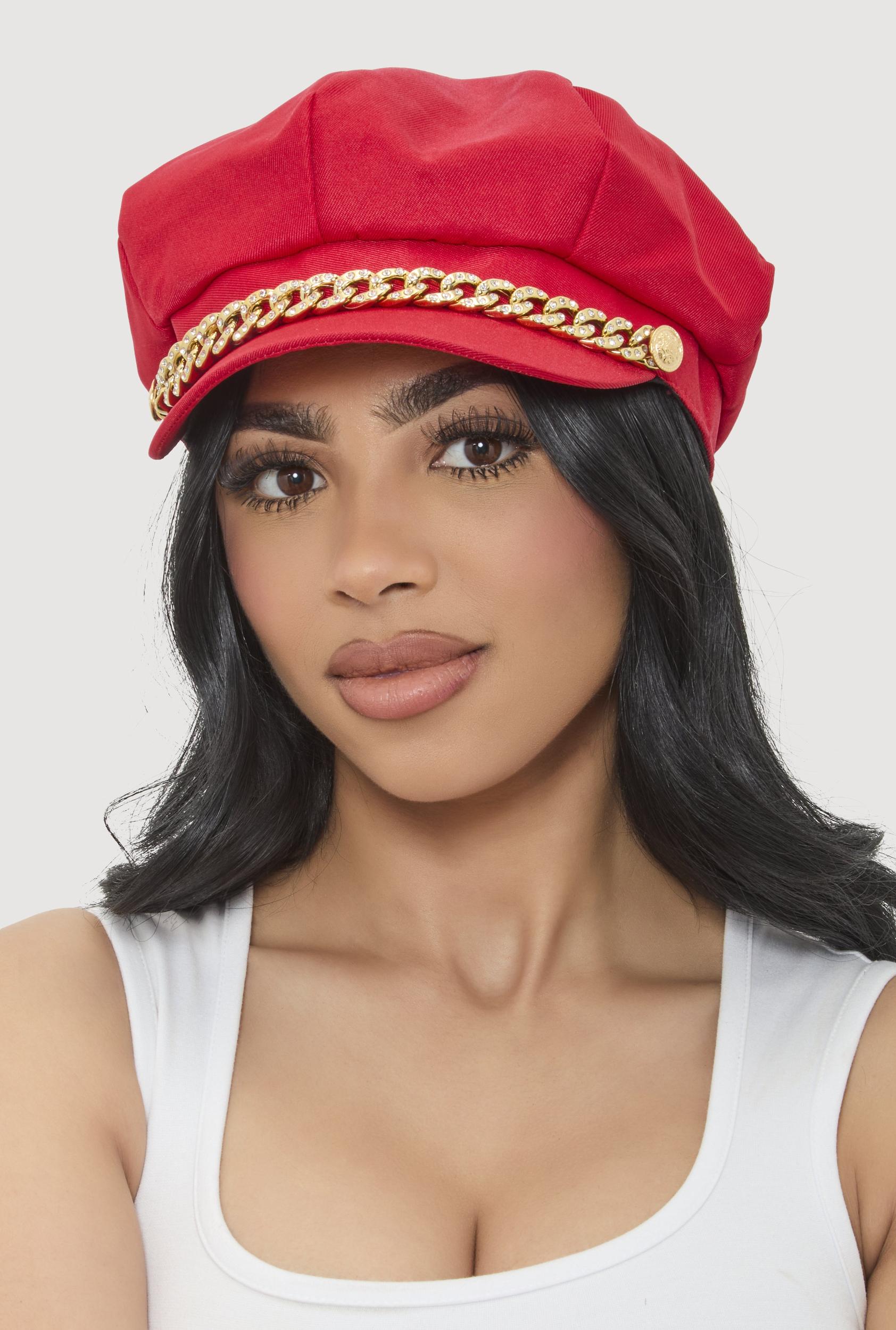 Womens Rhinestone Chain Detail Cabbie Hat Product Image