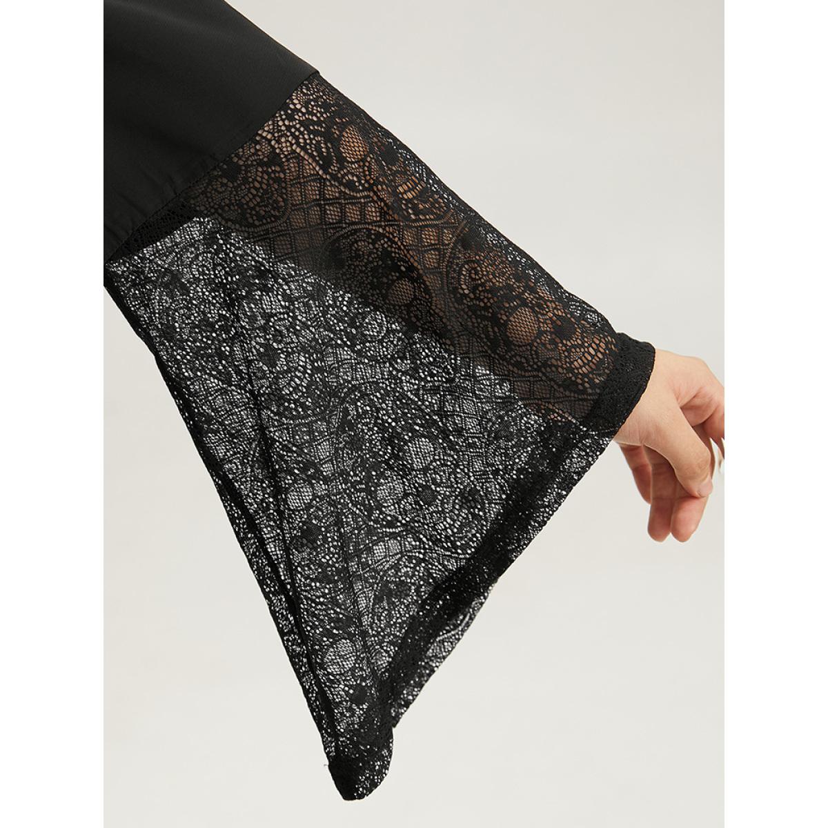 Plus Size Black Halloween Lace Patchwork Ties Bell Sleeve Blouse Women Elegant Long Sleeve V-neck Festival-Halloween Blouses BloomChic 22-24/3X Product Image