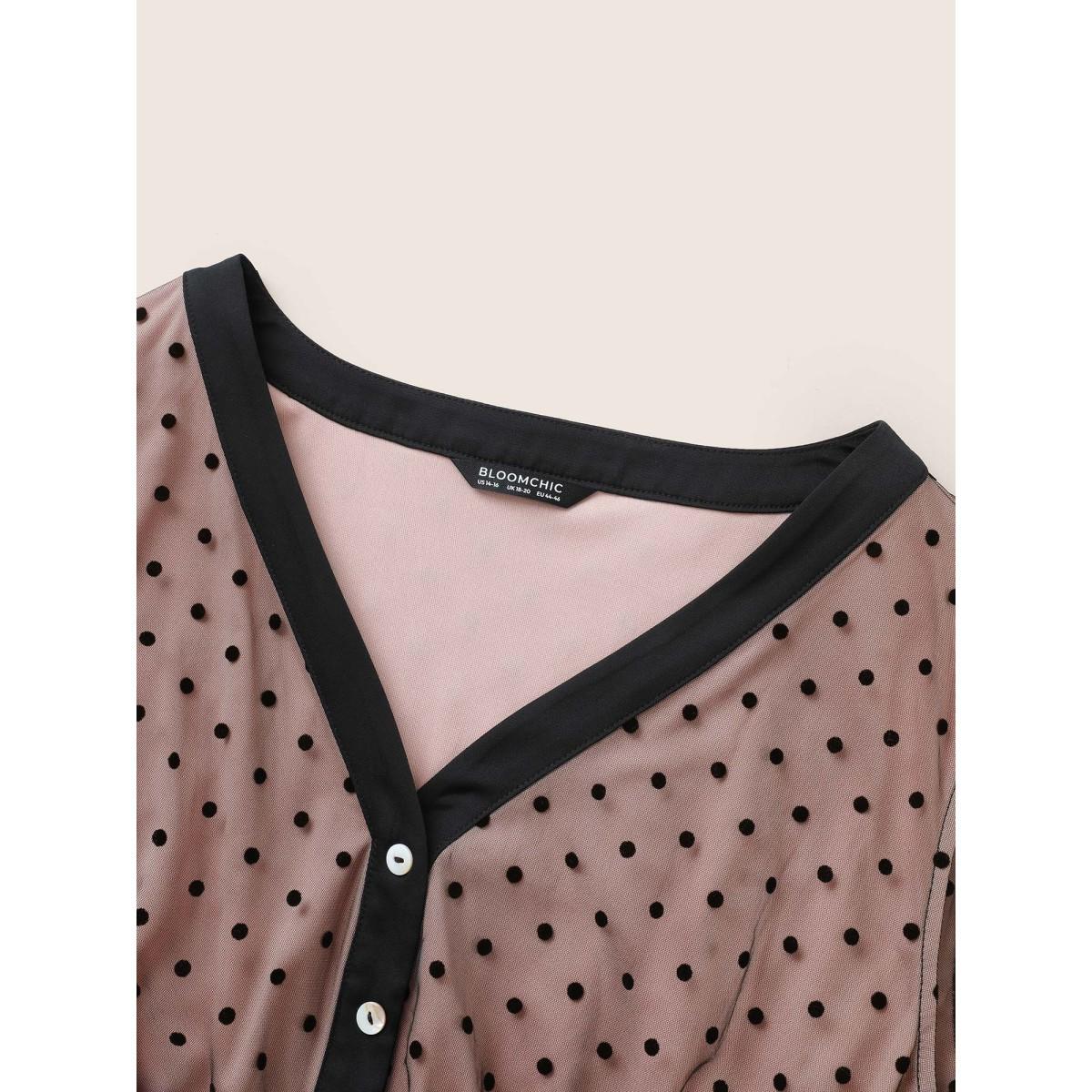 Plus Size Flocking Polka Dot Tiered Mesh Dress DustyPink Women At the Office Non V-neck Long Sleeve Curvy Midi Dress BloomChic 12/L Product Image