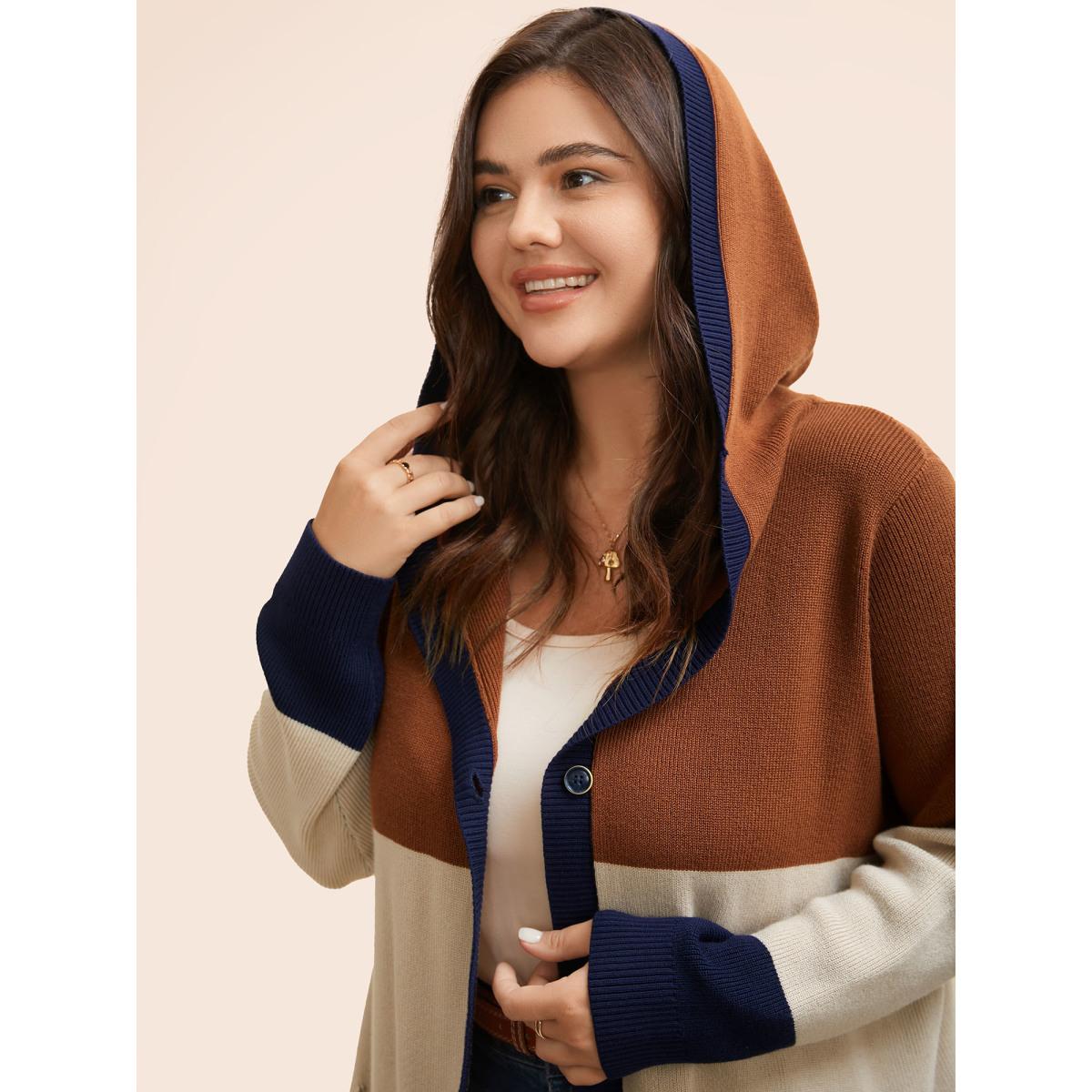 Plus Size Colorblock Contrast Patched Pocket Hooded Cardigan Browncoffeecolor Women Leisure Loose Long Sleeve Casual Cardigans BloomChic 30/6X Product Image