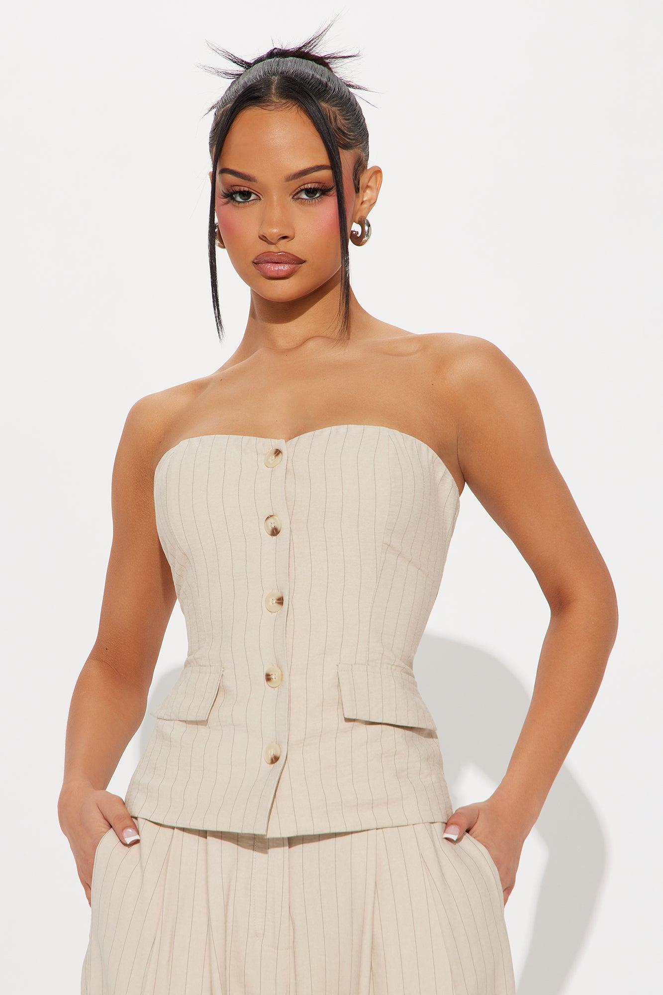 Layla Pinstripe Linen Pant Set - Beige Product Image