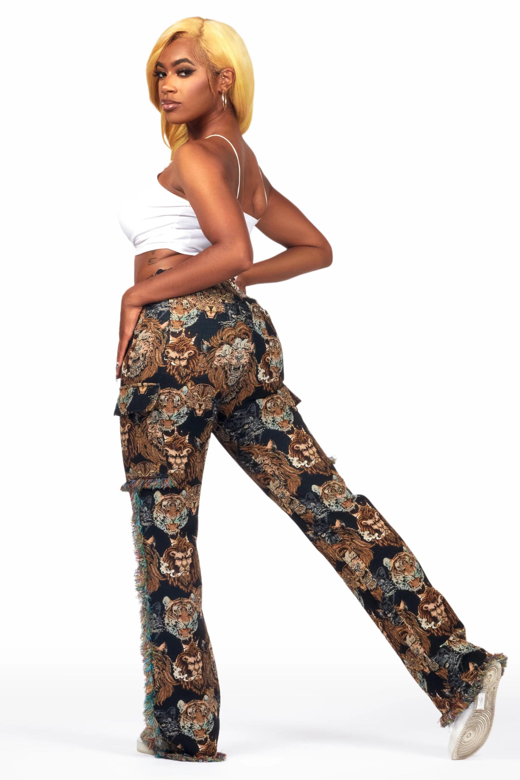 Khadiyah Black Animal Print Tapestry Stacked Pant Female Product Image
