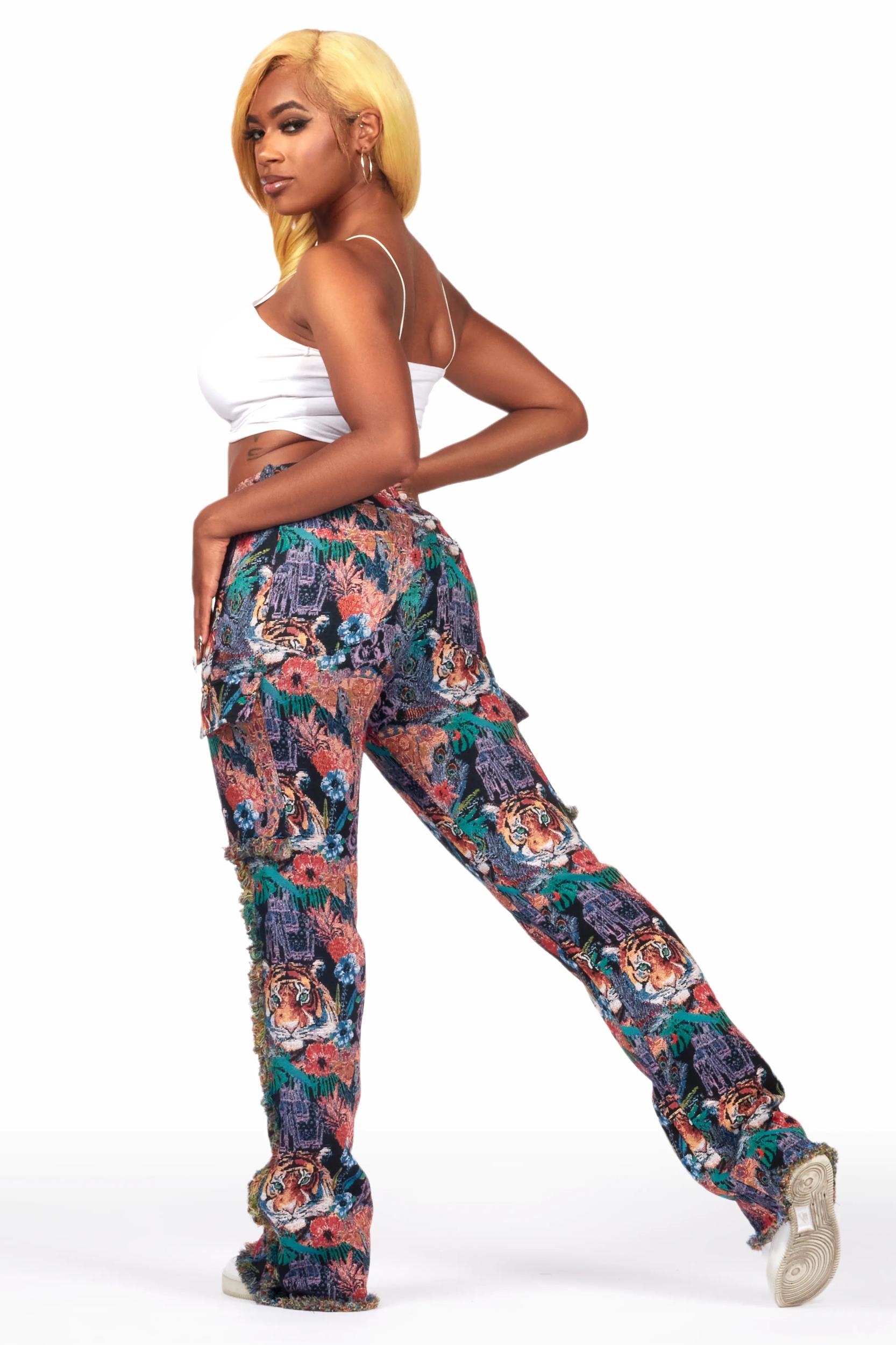 Rena Black Tapestry Stacked Pant Female Product Image