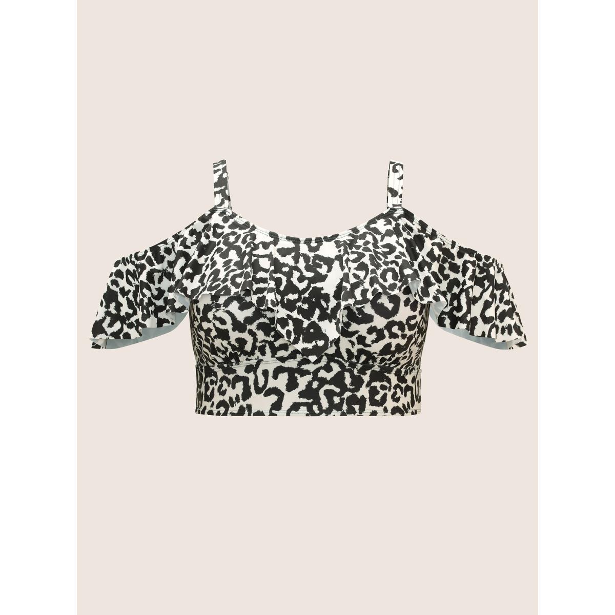 Plus Size Leopard Print Ruffles Adjustable Straps Swim Top Women's Swimwear Beige Beach Ruffles High stretch Bodycon One-shoulder neck Curve Swim Tops BloomChic 14-16/1X Product Image