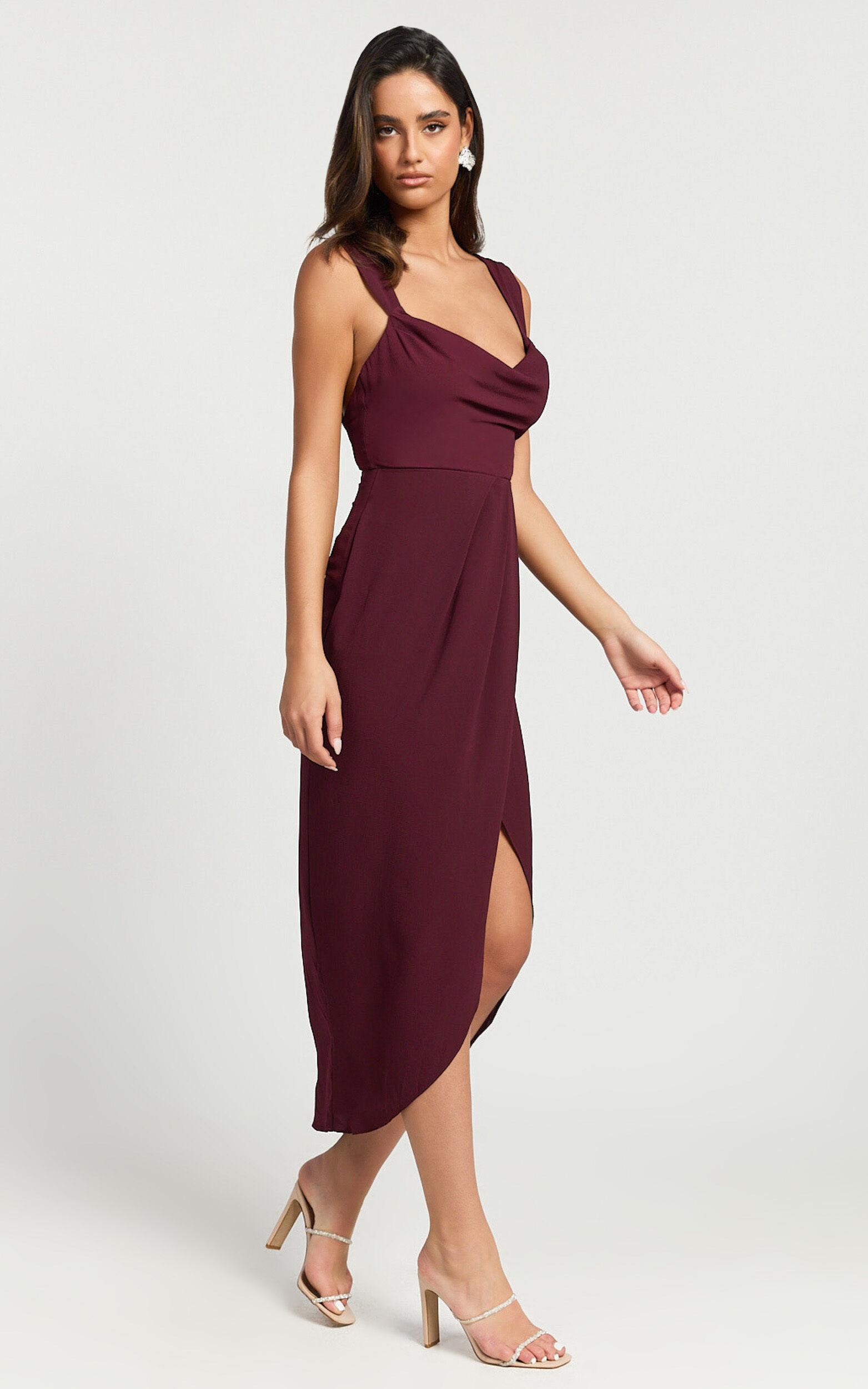 Wenalyn Midi Dress - Cowl Neck Draped Dress in Wine Product Image