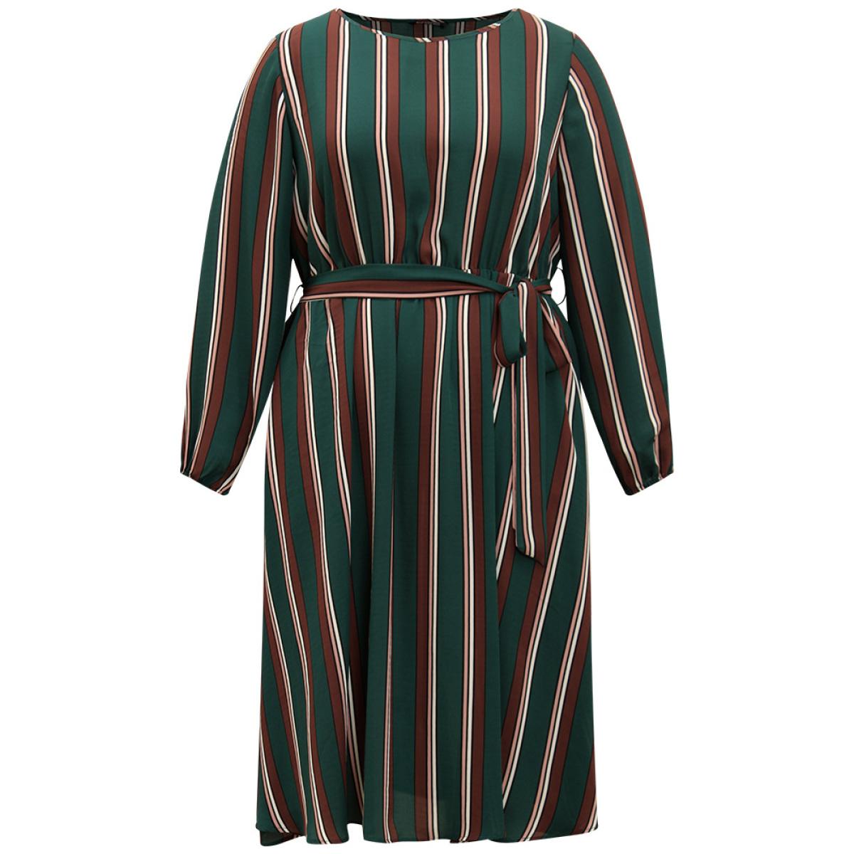Plus Size Striped Contrast Crew Neck Belted Dress Multicolor Women Office Elastic cuffs Round Neck Long Sleeve Curvy Midi Dress BloomChic 22-24/3X Product Image