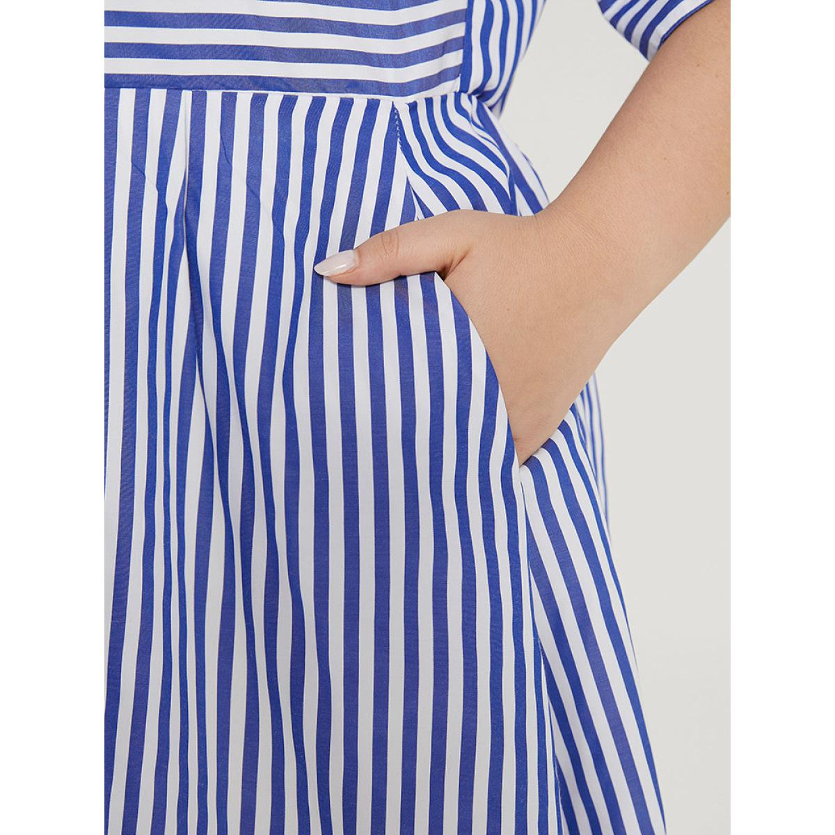 Plus Size V Neck Striped Pocket Ruffle Hem Button Detail Dress Blue Women Elegant Texture V-neck Half Sleeve Curvy Midi Dress BloomChic 18-20/2X Product Image