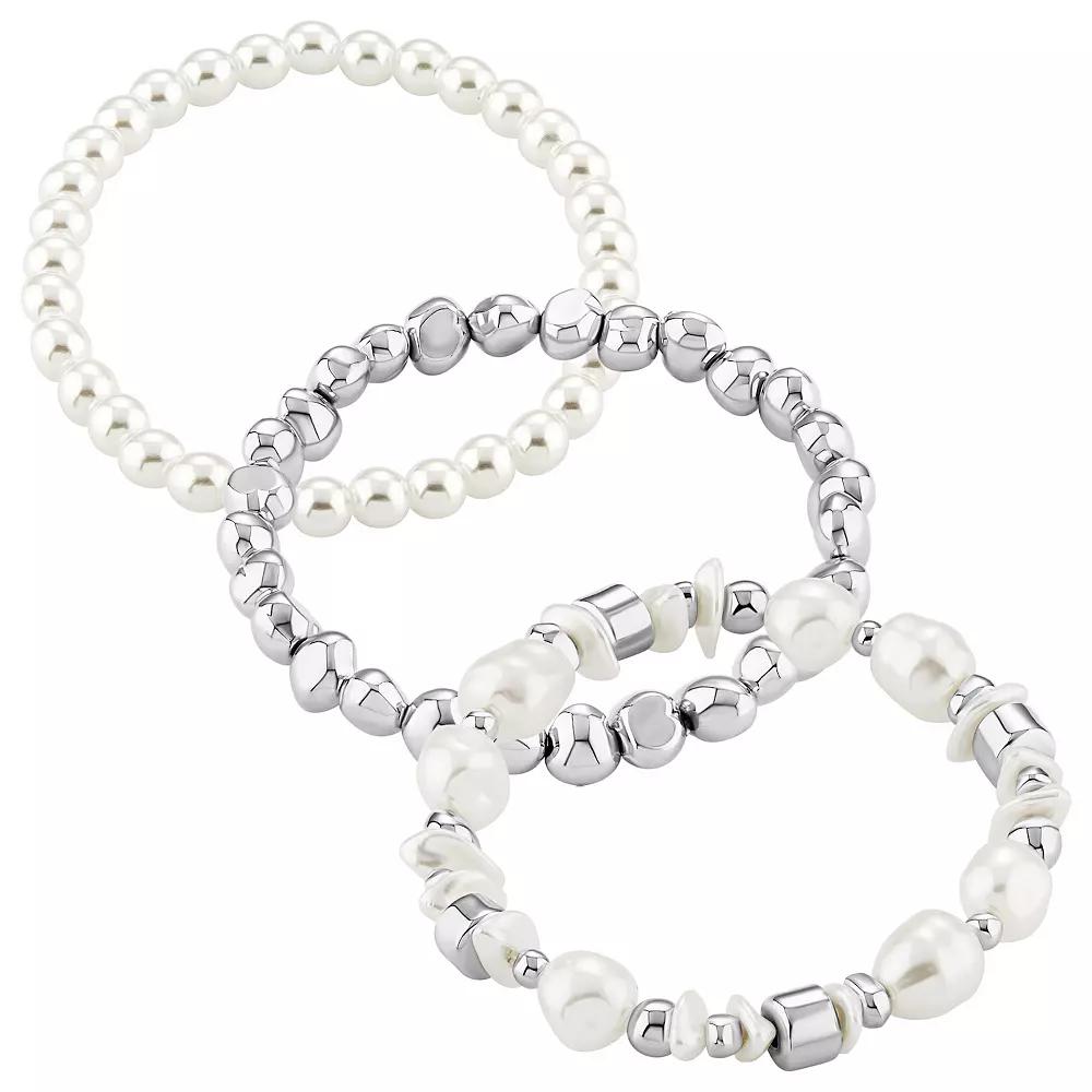 Emberly Silver Tone 3-Piece Simulated Multi Pearl Stretch Bracelet Set, Women's, White Product Image