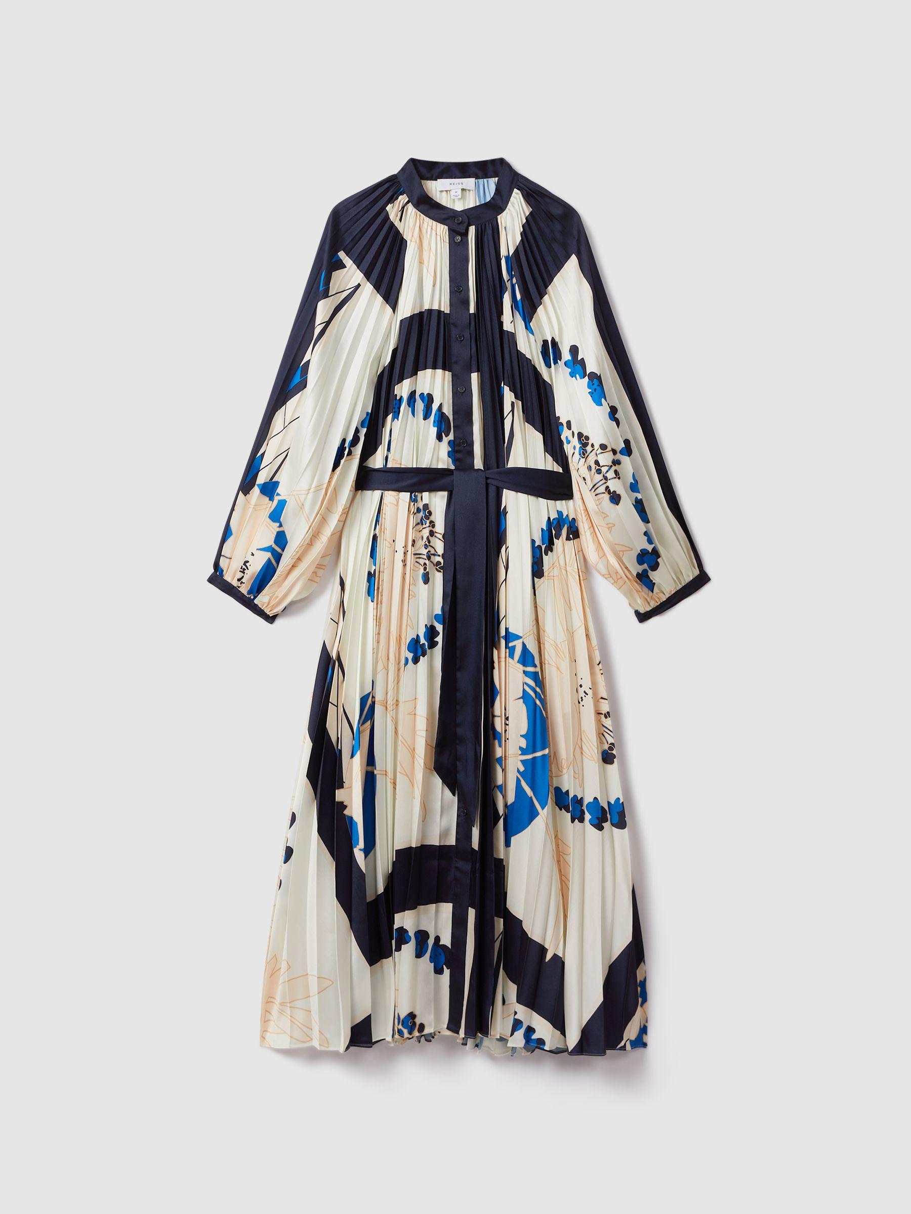 Printed Pleated Maxi Dress in Blue Product Image