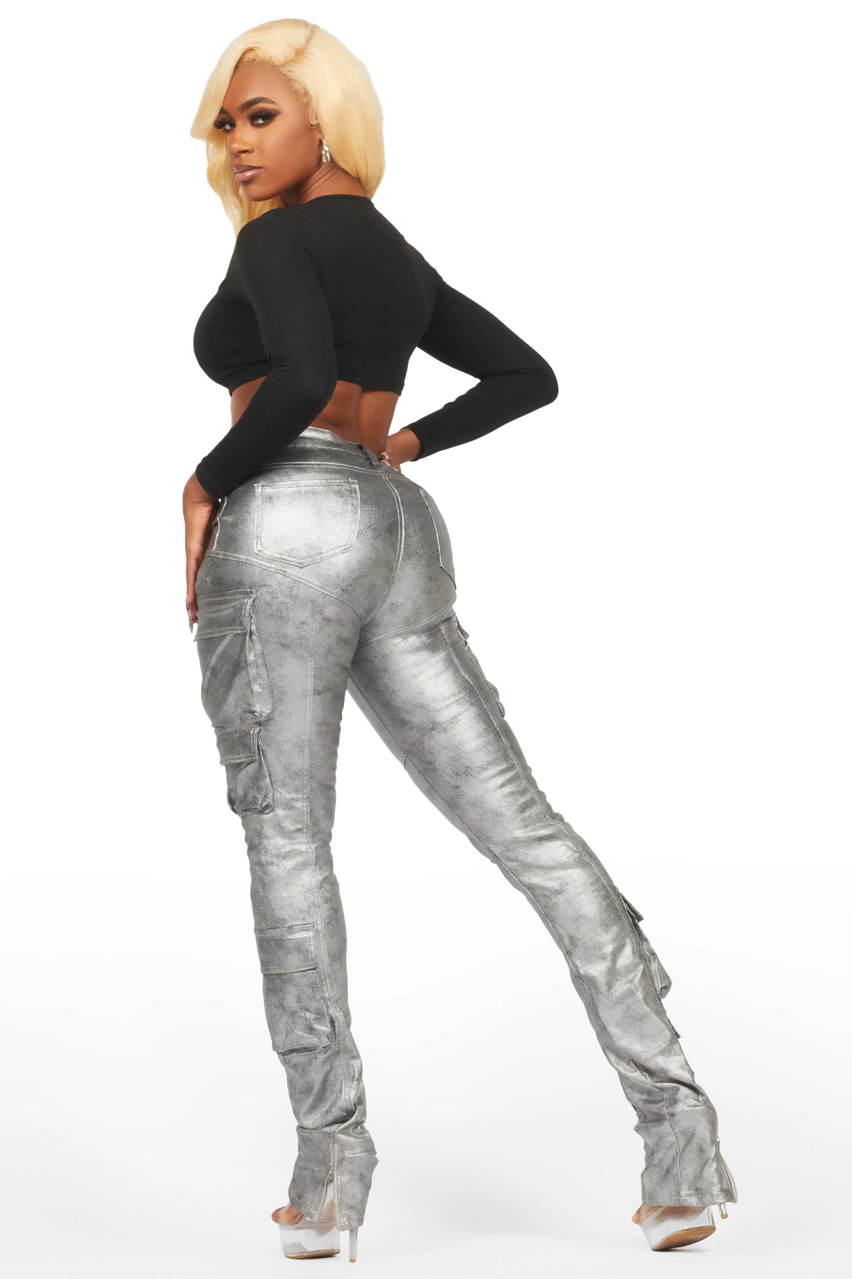 Teeoina Silver Coated Black Skinny Stacked PU Pant Female Product Image