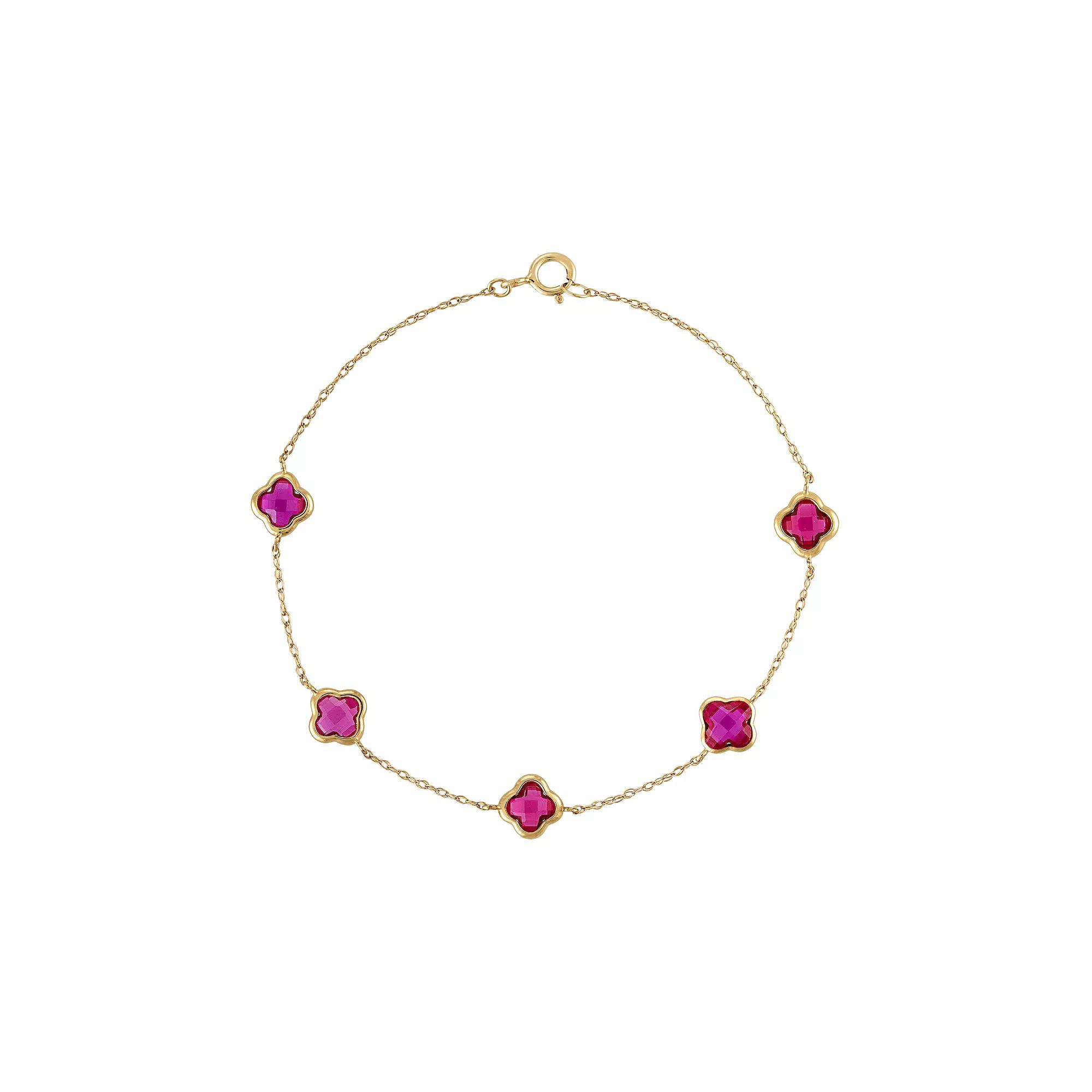 Tiara 10k Gold Gemstone Clover Cut Station Bracelet, Women's, Size: 7.25", Created Red Product Image