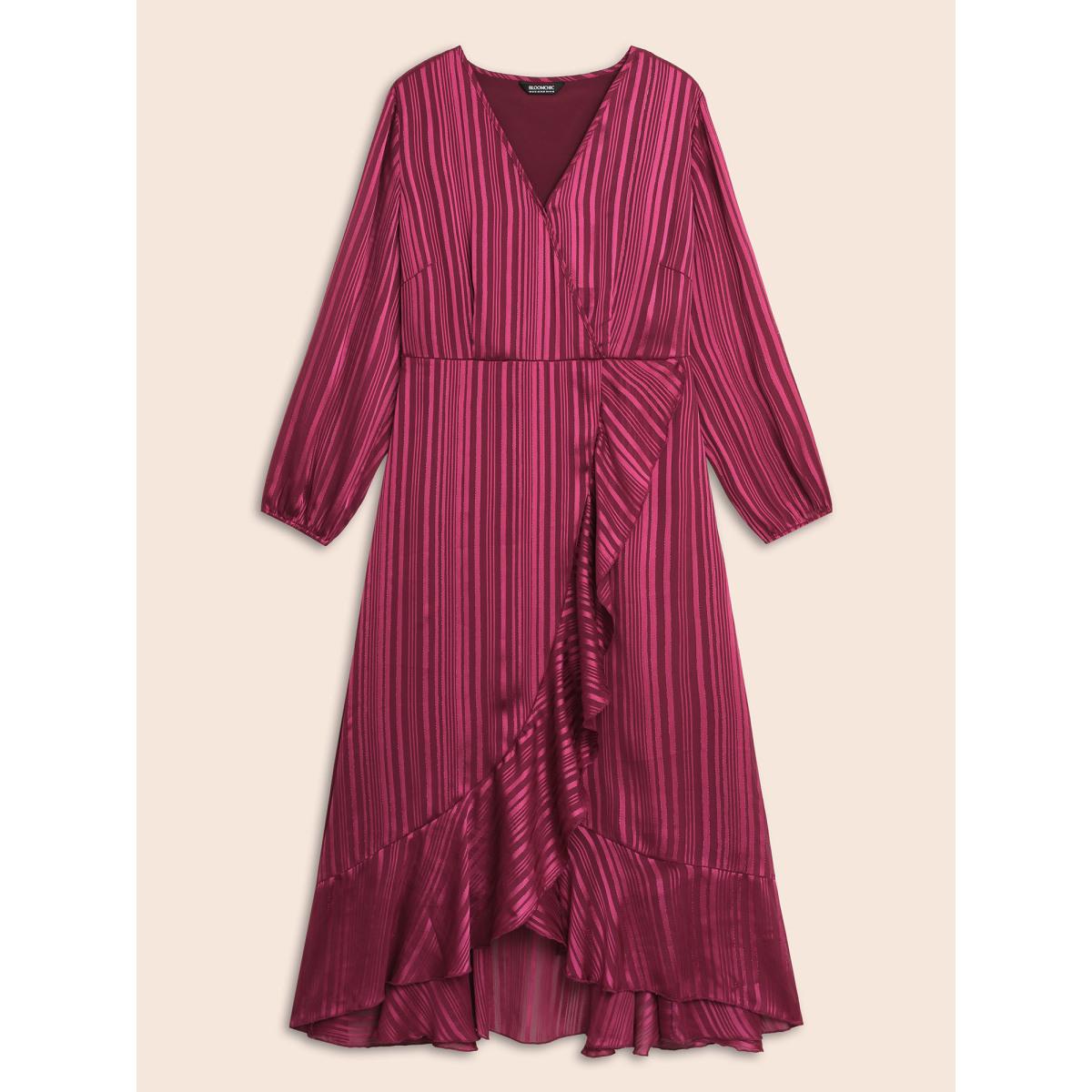 Plus Size Chiffon Overlap Collar Ruffle Trim Dress RedViolet Women Cocktail Texture Party Curvy Bloomchic 12/L Product Image