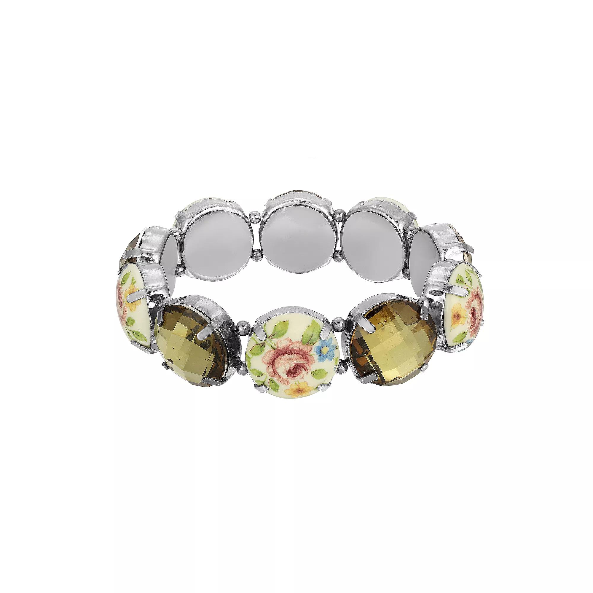 1928 Silver Tone Floral Round Stone Stretch Bracelet, Women's, Multi Product Image