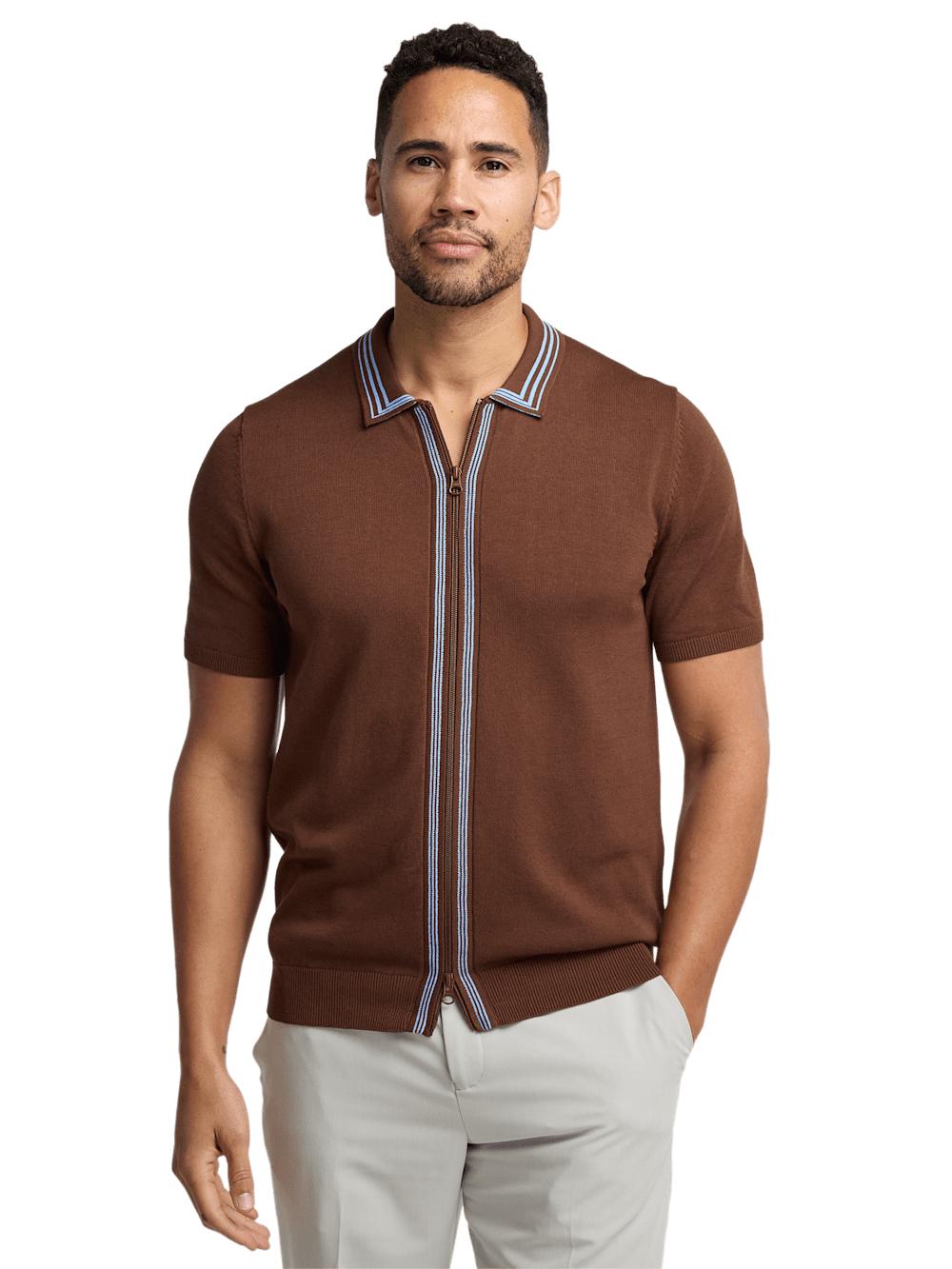 Cotton Full Zip Polo - Brown Product Image