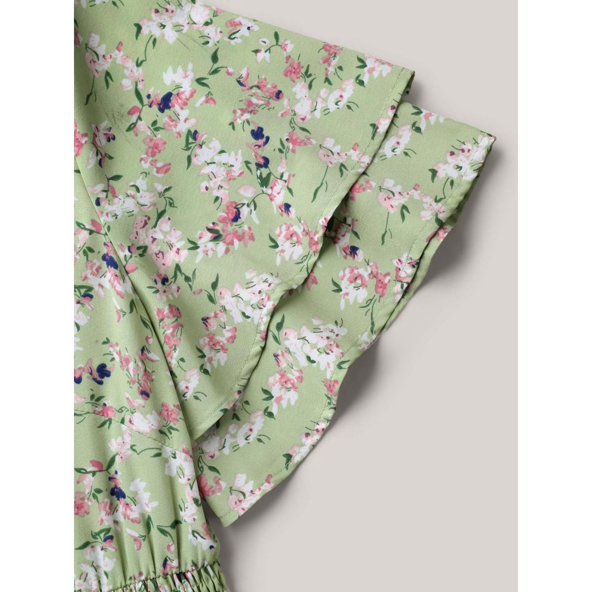 Plus Size Floral Print Shirred Waist Layered Sleeve Dress LightGreen Women Elegant Tiered V-neck Short sleeve Curvy BloomChic 18-20/2X Product Image