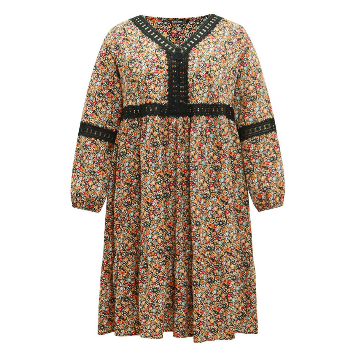 Plus Size Ditsy Floral Lace Panel Lantern Sleeve Dress Multicolor Women Vacation Elastic cuffs V-neck Long Sleeve Curvy Midi Dress BloomChic 22-24/3X Product Image